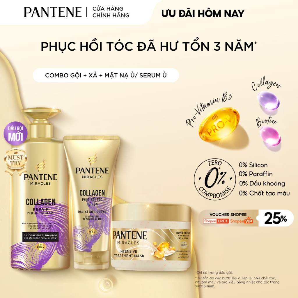 [MỚI] Combo 3: Gội+Xả+Ủ PANTENE MIRACLES:Gội 0%Silicone+Xả Siêu Dưỡng+ Mặt Nạ Ủ/Kem Ủ Tóc Serum Phục