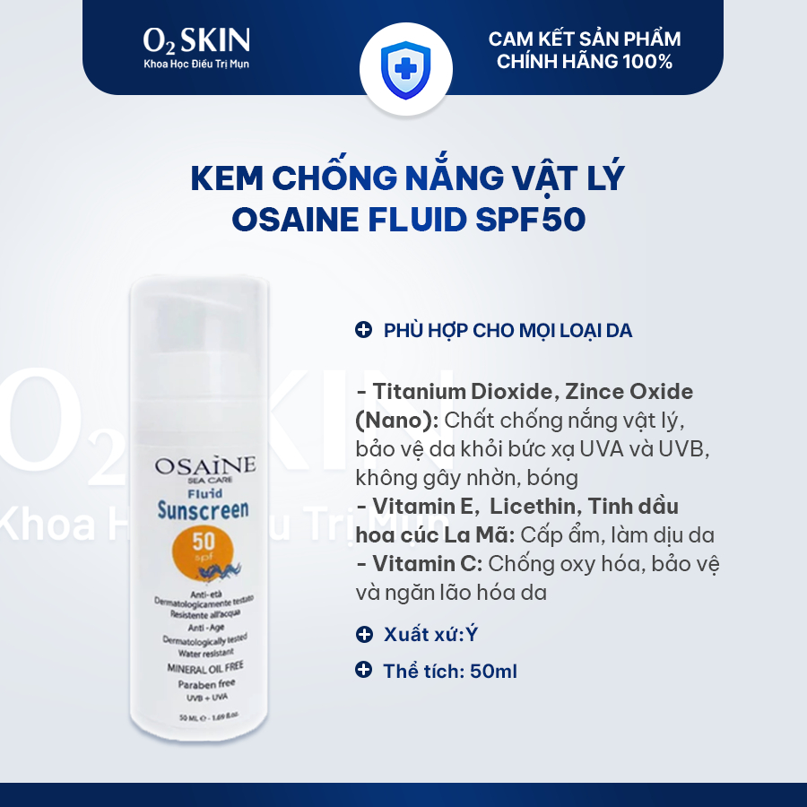 Kem chống nắng yến mạch Osaine Fluid Sunscreen SPF50+ 50ml - Dưỡng sáng da ngăn dầu mụn