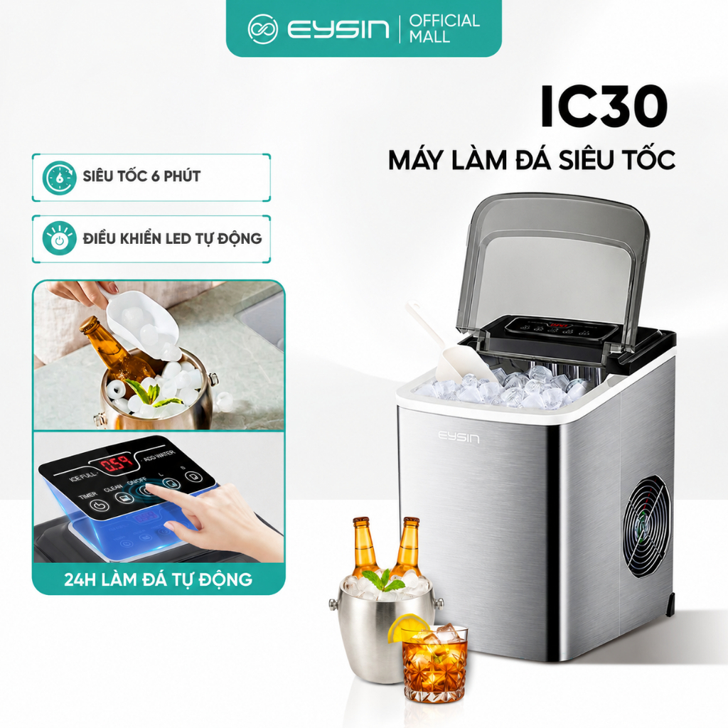 [V]  Máy Làm Đá EYSIN IC30 Làm Đá Viên Tự Động, Màn Hình Đếm Ngược, Hẹn Giờ Làm Đá, Tự Làm Sạch