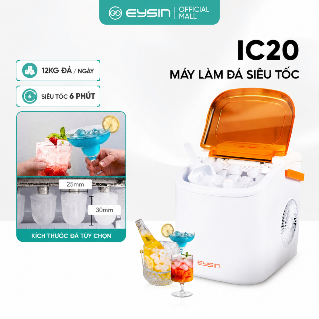 [K] Máy làm đá viên EYSIN IC20, Có quai xách, Nhỏ gọn, Tiết kiệm điện, 9 viên trong 6 phút