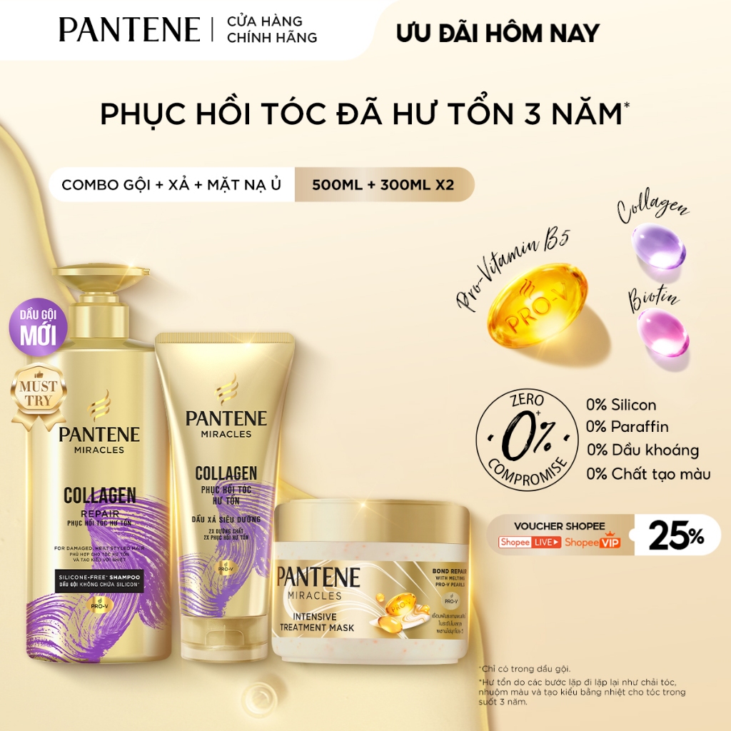 [LS] Combo 3 Gội 0% Silicone & Xả Siêu Dưỡng & Kem/ Ủ Tóc Serum PANTENE MIRACLES 300ML-500ML