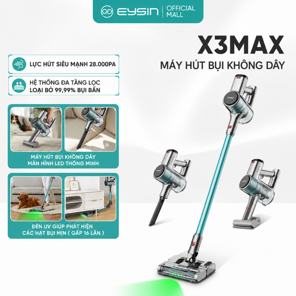 Máy hút bụi không dây Eysin X3MAX, Tia Sáng Xanh, Lực Hút 28k PA, Trọng Lượng 3.2kg