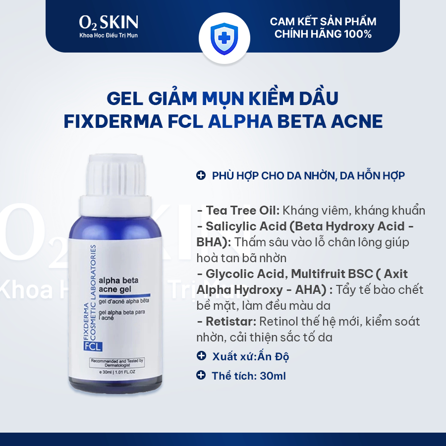 Gel giảm mụn Fixderma FCL Alpha Beta Acne 30ml - Hỗ trợ giảm sưng đỏ do mụn, kiểm soát bã nhờn