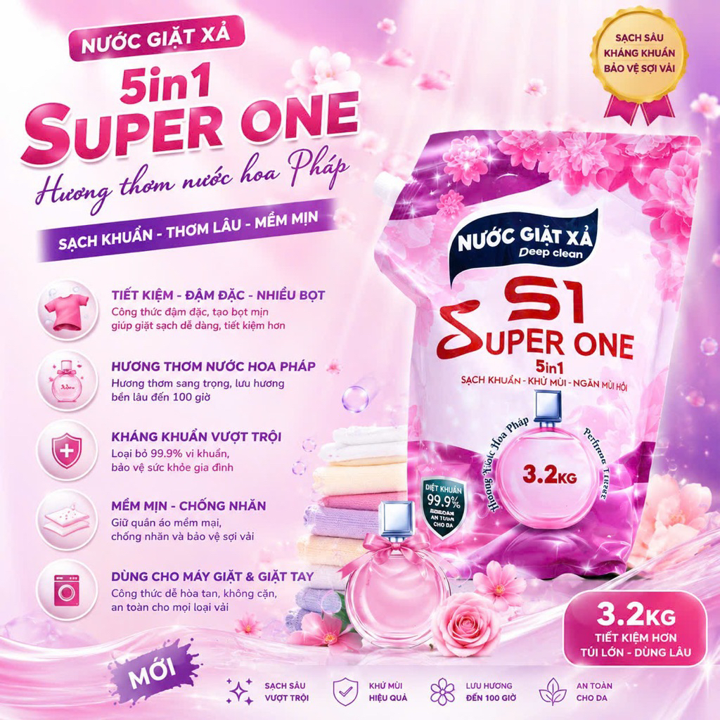 Nước giặt xả Deep Clean S1 SUPER ONE 5IN1 hương nước  hoa Pháp cao cấp lưu hương lâu trên quần áo
