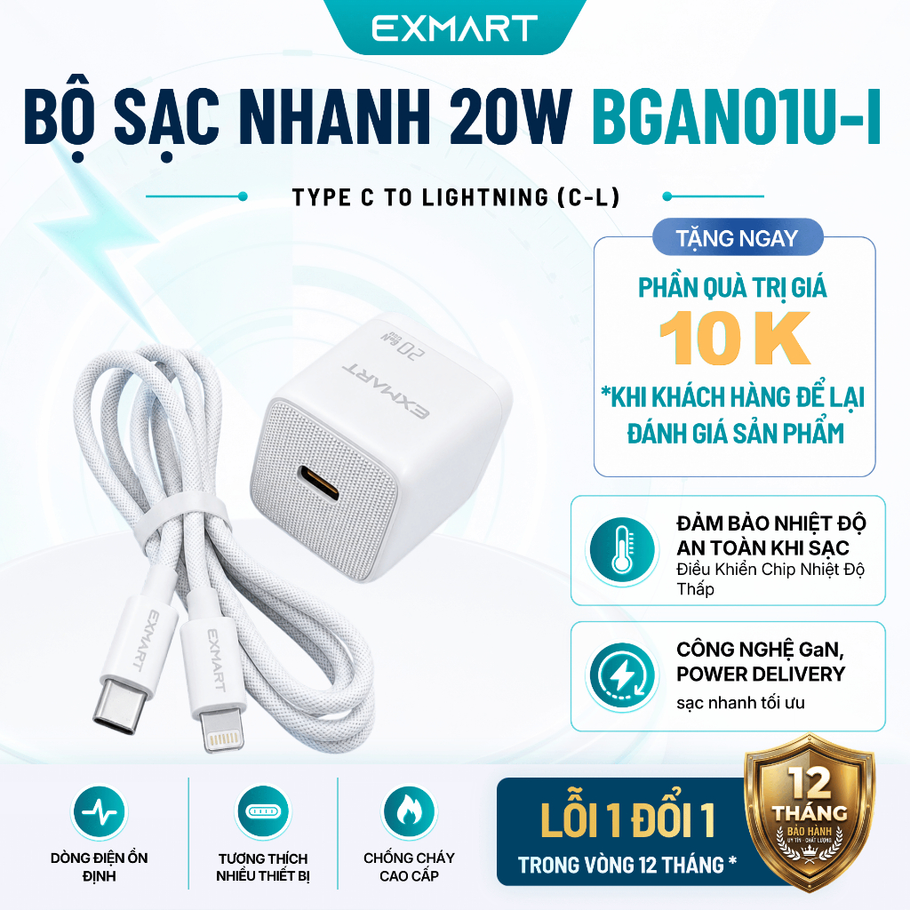Bộ Sạc Nhanh 20W EXMART BGAN01U-I - Bảo Hành 12 Tháng - Chân Sạc Lightning cho Iphone, Chống Rối