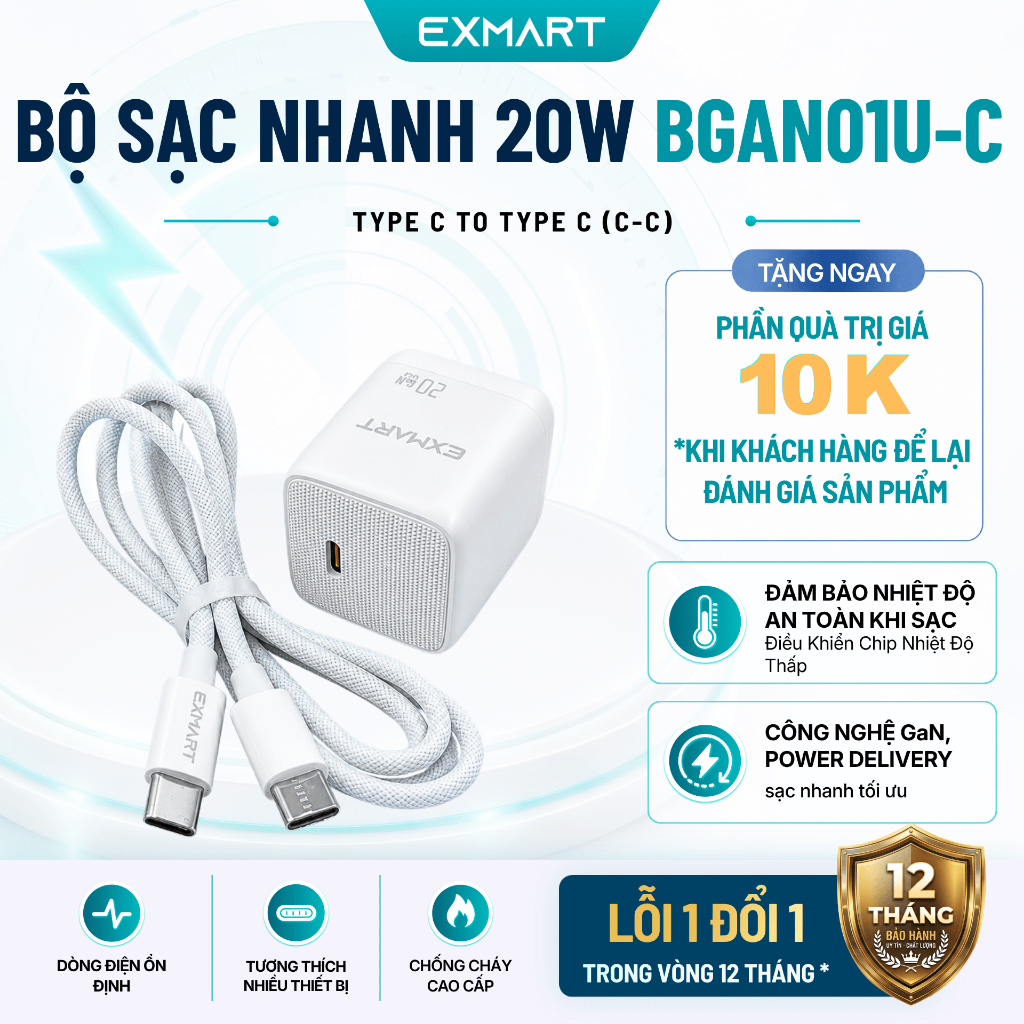 Bộ Sạc Nhanh 20W EXMART BGAN01U-C - Bảo Hành 12 Tháng - Sạc Chân Type C cho Iphone và Androi