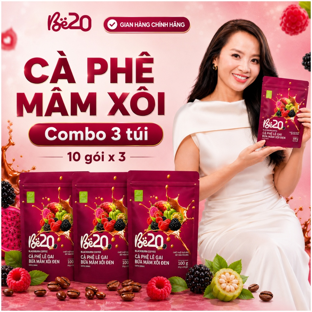 [Bán chạy] 3 Túi Cà Phê Be20 Vị Lê Gai Bứa Mâm Xôi Đen, Cà Phê Be20 Vị Mâm Xôi Hòa Tan Túi Zip 10 Gó