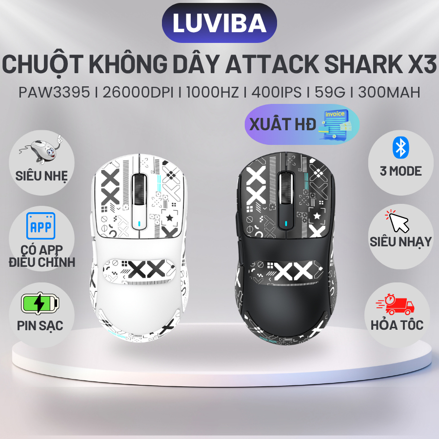Chuột Bluetooth Máy Tính Không Dây Gaming Siêu Chip PAW3395 Attack Shark X3 Cảm Biến Cao Cấp