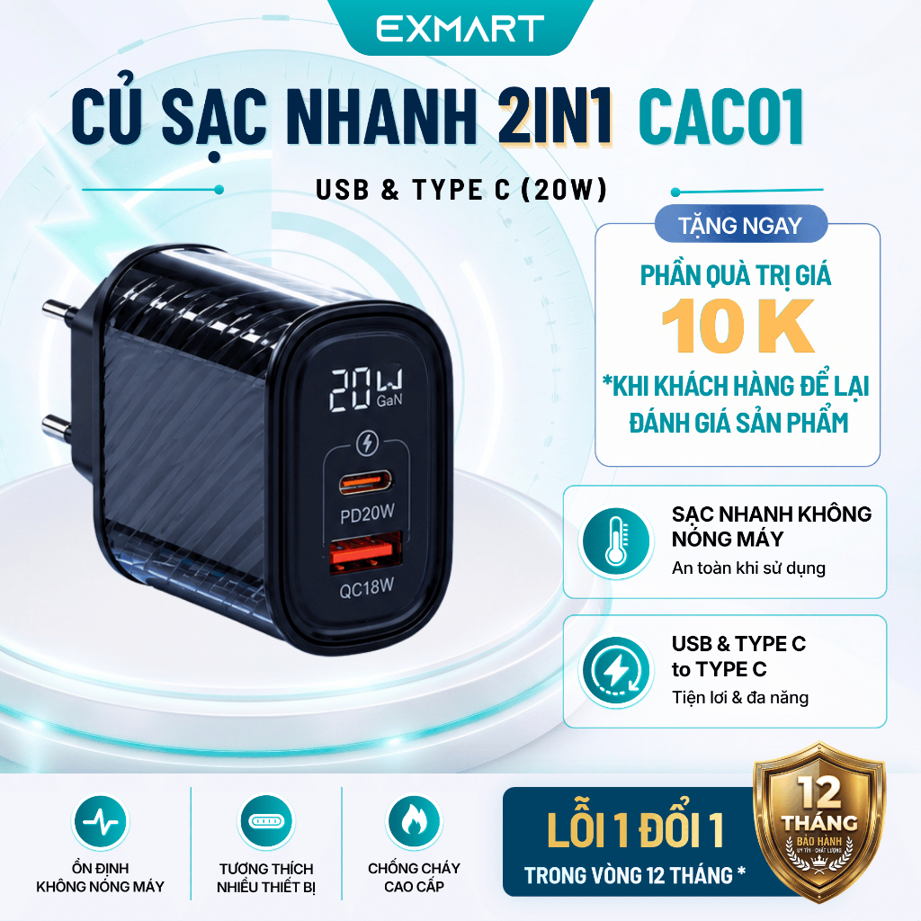Củ Sạc Nhanh 2in1 EXMART - CAC01 - 2 Cổng USB & TYPE C - Bảo Hành 12 Tháng