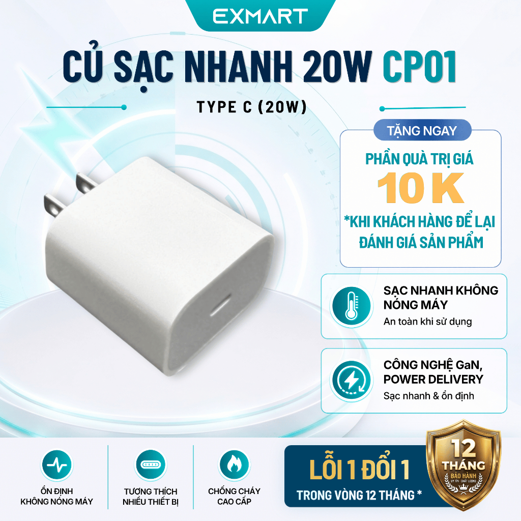 Củ Sạc Nhanh 20W Exmart CP01 - Bảo Hành 12 tháng - Sạc Nhanh, Dùng cho Iphone, Androi