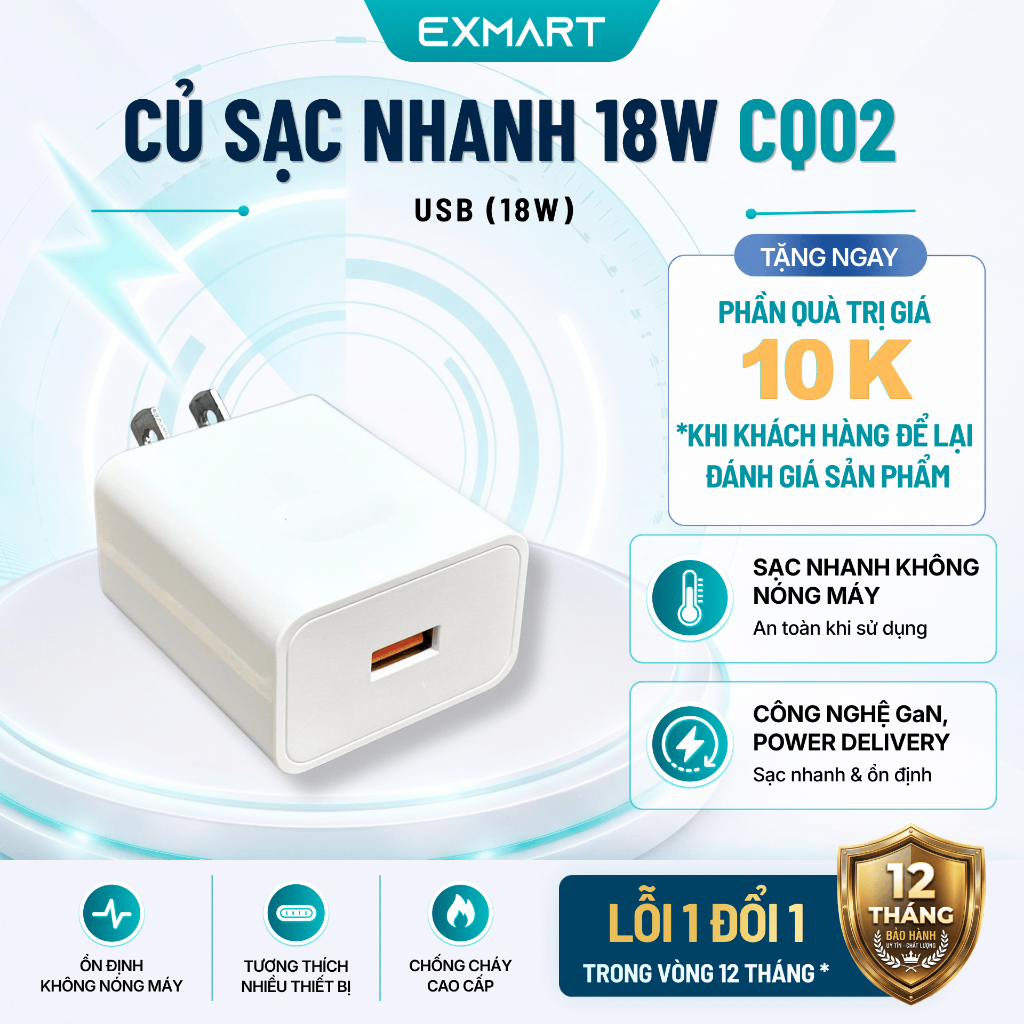Củ Sạc Nhanh 18W EXMART CQ02 Đầu USB - Bảo Hành 12 tháng - Sạc Nhanh, Ổn Định