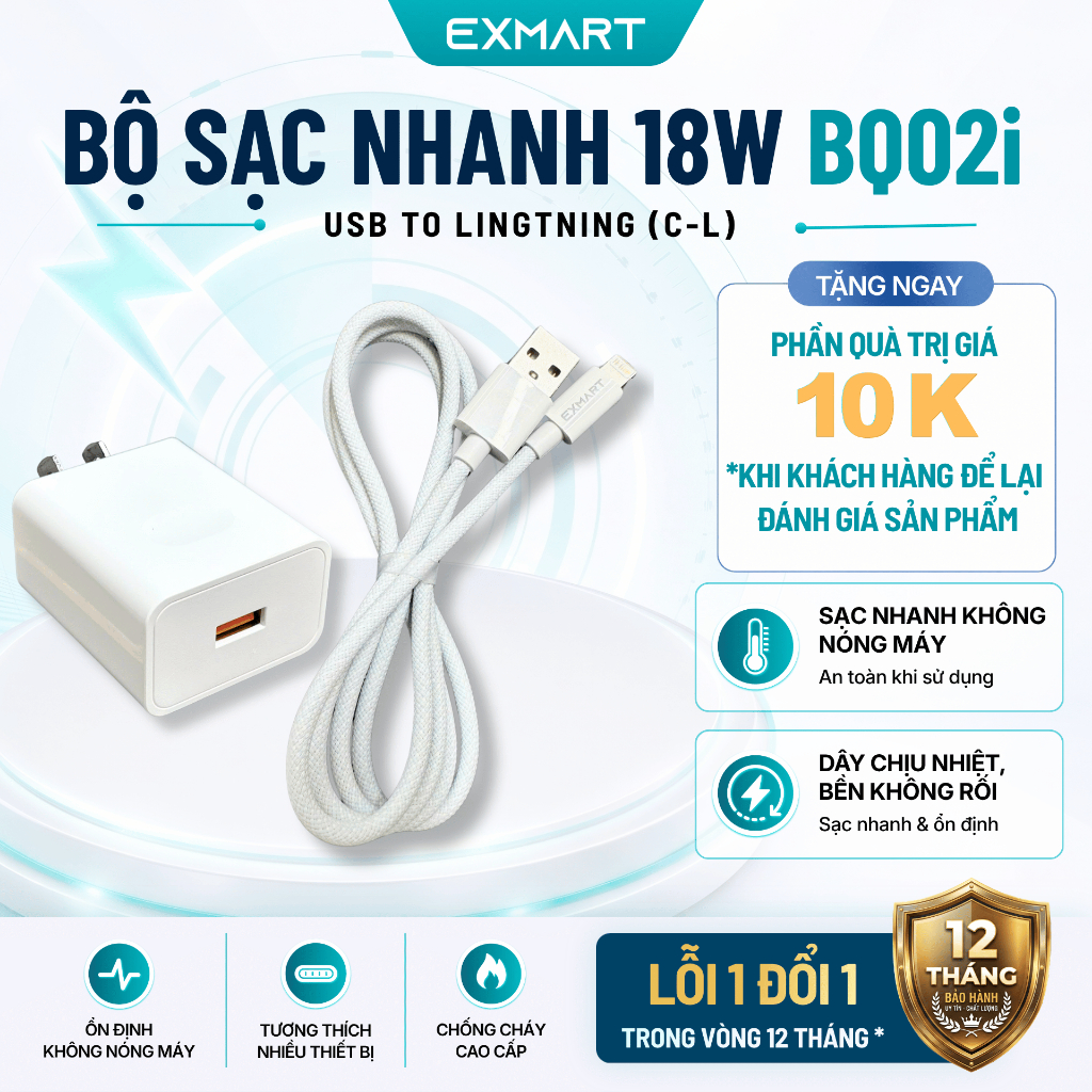 Bộ Sạc Nhanh EXMART 18W BQ02I USB sang Lightning cho Iphone 8-14PRM - Bảo Hành 12 Tháng