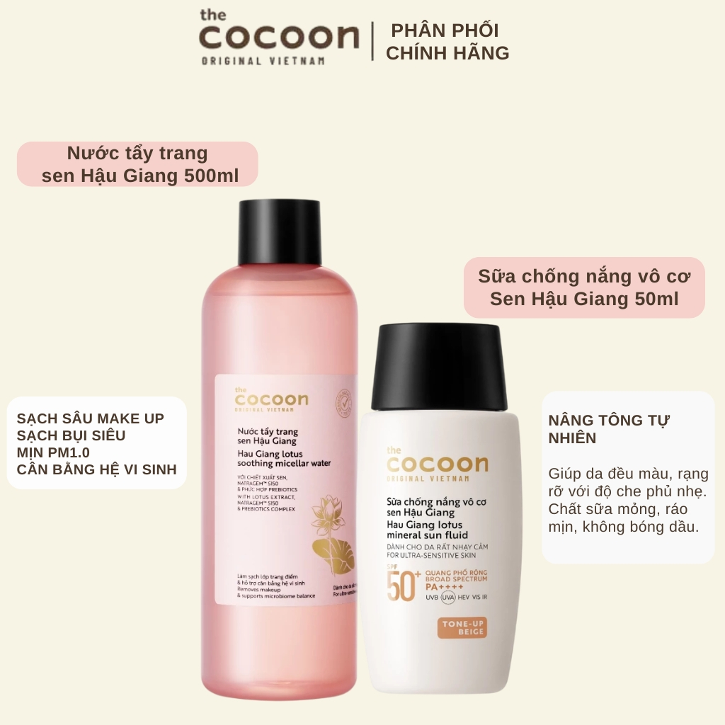 [SVIP DEAL] Combo Cocoon Sữa chống nắng Hau Giang Lotus Mineral Sun Fluid 50ml & NTT Lotus Soothing 