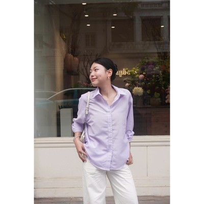 Áo sơ mi Basic Oversized Shirt MONO TALK (kẻ sọc tím trắng & kẻ sọc cam trắng) vải thô linen MFOT21S-T10001FT
