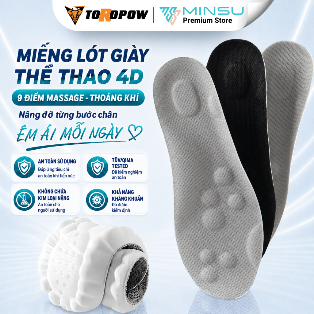 Lót Giày 4D Massage huyệt Bàn Chân MINSU M2352 Lưu Thông Khí Huyết, Đệm Êm Chân, Thấm Hút, Khử Mùi