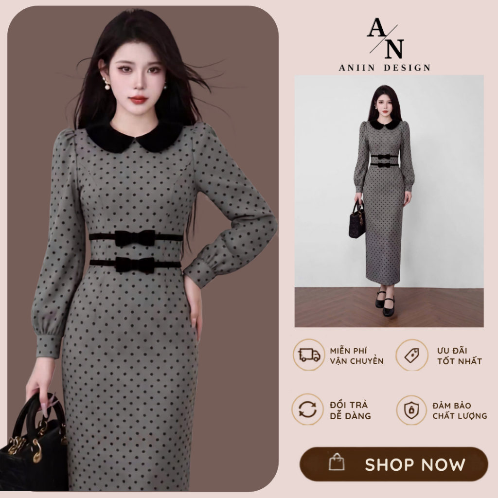 Váy Đầm nữ chấm bi cổ sen đính đai nơ eo D98