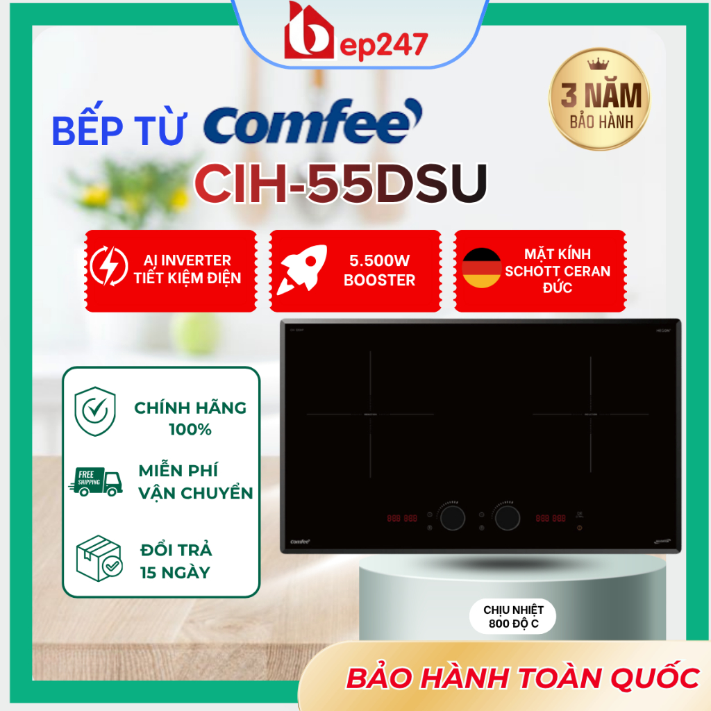 Bếp Từ Đôi Comfee CIH-55DSU 5500W Schott Ceran Đức AI Knob IGBT Infineon Booster 3300W AI Connect