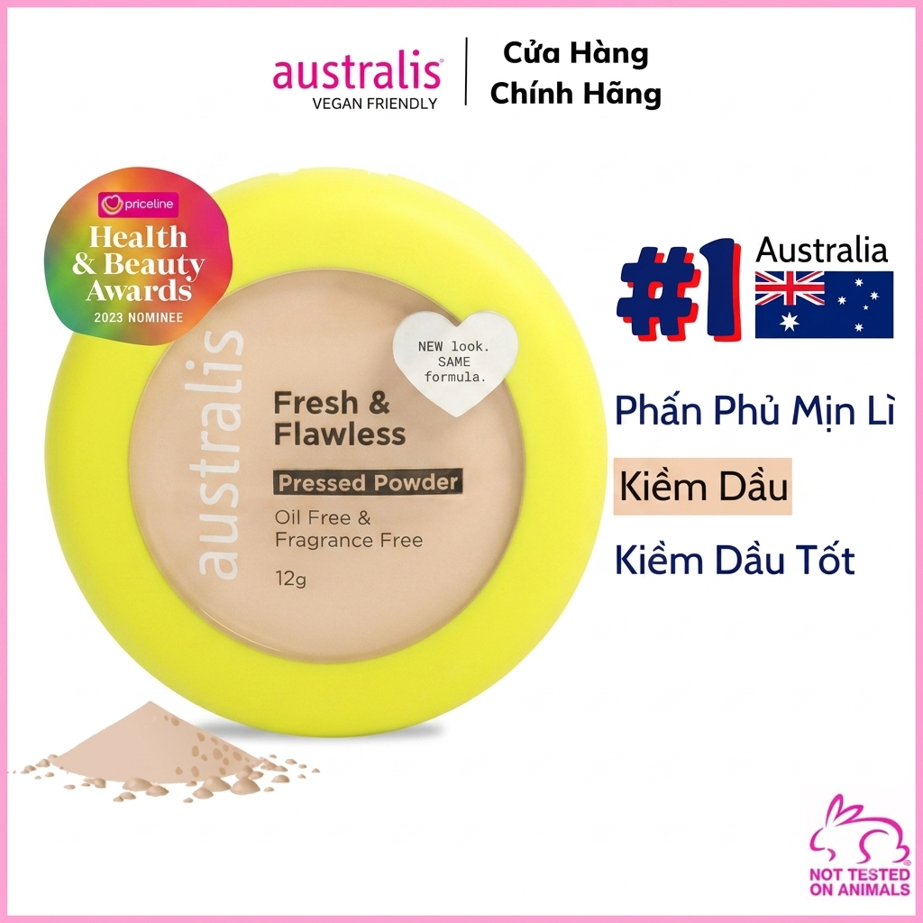 Phấn Phủ Trang Điểm Mịn Màng, Kiềm Dầu Tốt, Giành Cho Cả Da Nhạy Cảm Sẵn Mút- Australis Fresh & Flaw