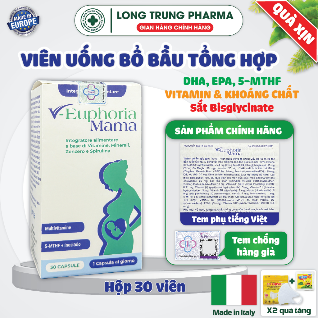 V-Euphoria Mama Viên Uống Bổ Bầu Tổng Hợp, Bổ Sung DHA, 5-MTHF, Vitamin Và Khoáng Chất Cho Mẹ Bầu & 