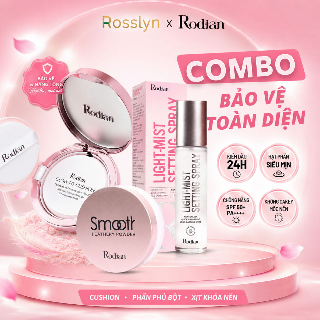 Combo Phấn Phủ Kiềm Dầu Và Chống Nước Rodian, Cushion Chống Nắng Lâu Trôi, Xịt Khóa Nền Trang Điểm