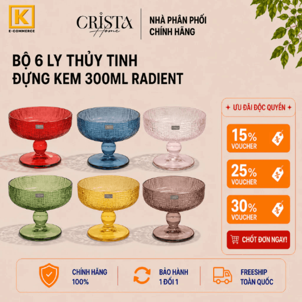 BỘ 6 LY ĐỰNG KEM SẮC MÀU RỰC RỠ RADIENT CRISTA HOME 60234