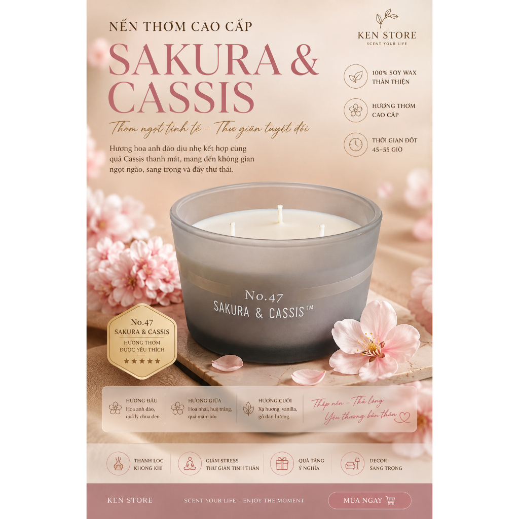 Nến Thơm Sakura & Cassis No.47 3 Bấc | Hương Hoa Anh Đào Thơm Phòng | Nến Decor Cao Cấp