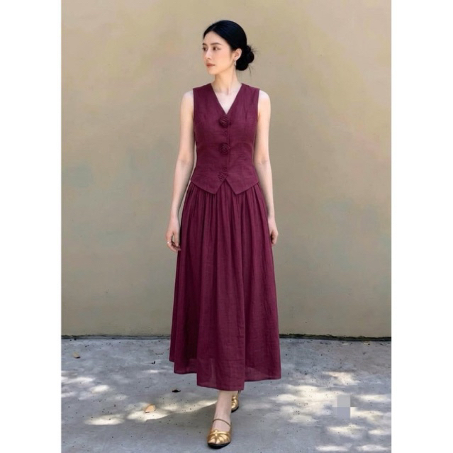 Set Áo Gile Đính Hoa Kèm Chân Váy Dài Xòe Chất Đũi Linen Cao Cấp Tôn Dáng đi biển, đi chơi, đi tiệc.