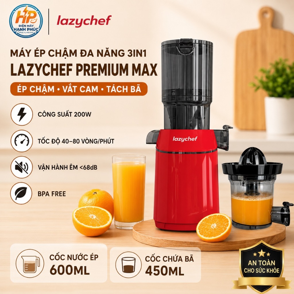 Máy Ép Chậm Đa Năng 3in1 Lazychef Premium Max - Có Phụ Kiện Vắt Cam, Ép Kiệt Bã, Bảo Hành Chính Hãng