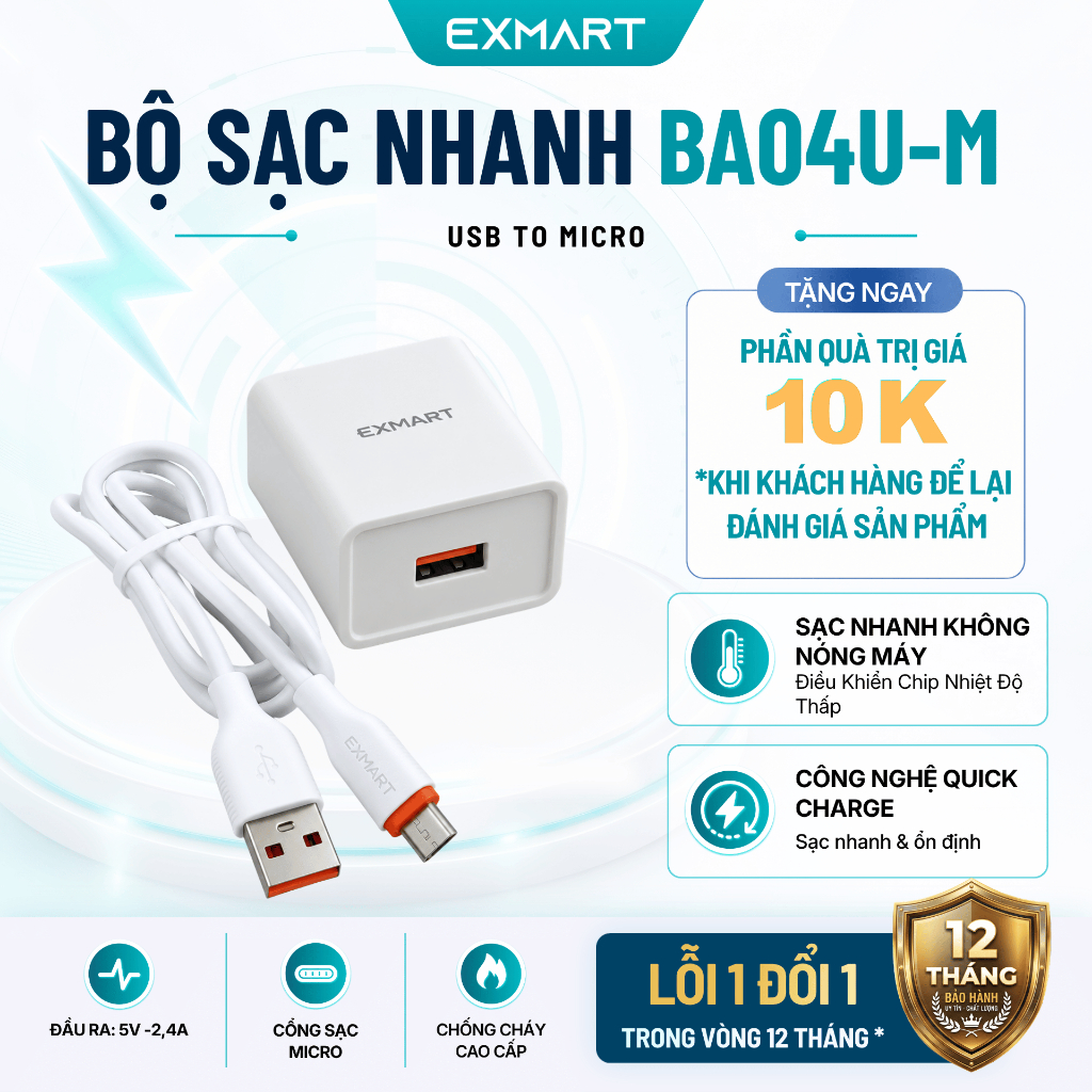 Bộ Sạc EXMART BA04U-M Usb sang Micro - Bảo Hành 12 Tháng - Dành cho  Androi - Dây Nhựa Bền