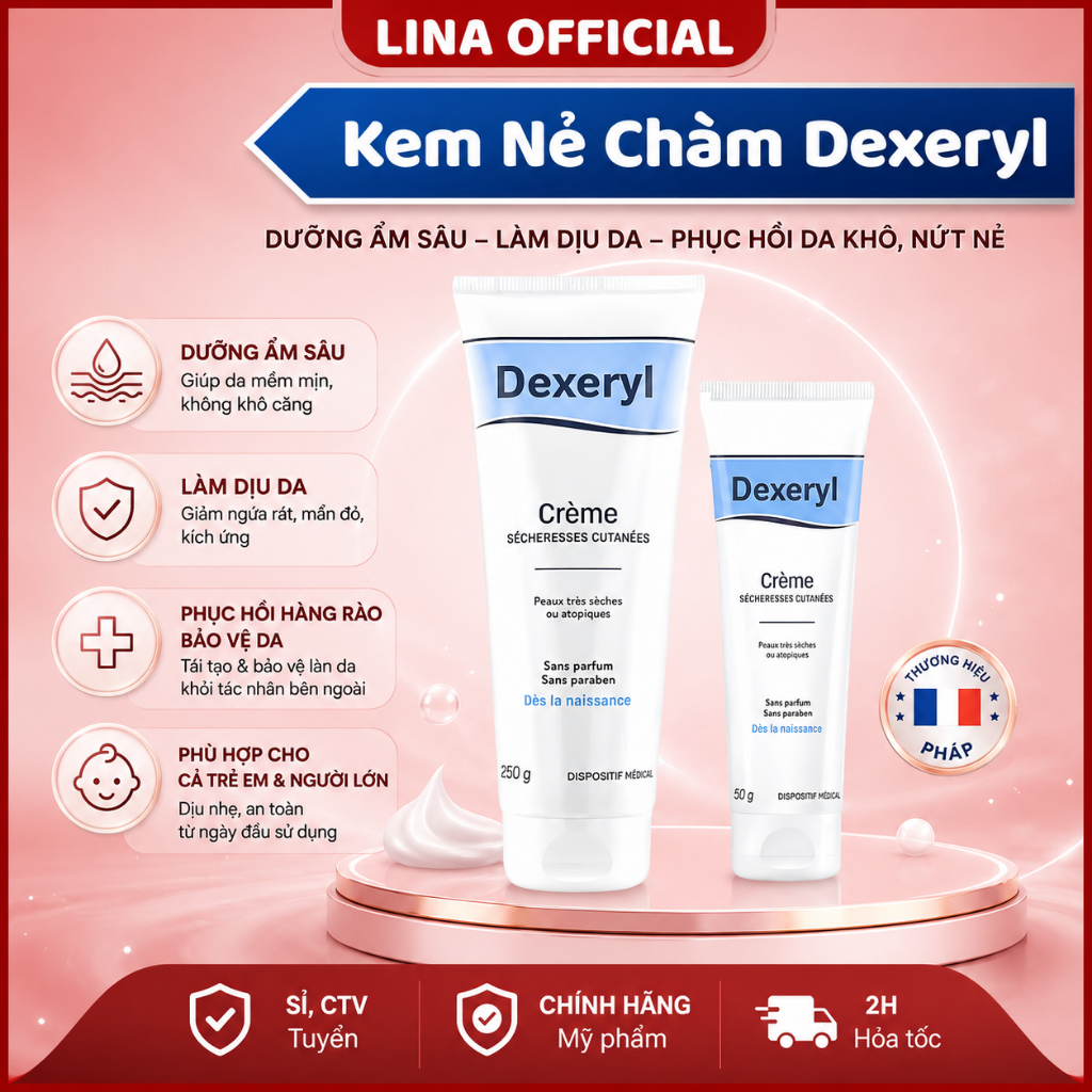 Kem Dưỡng Dexeryl Cream Pháp Dưỡng Ẩm Cho Da Khô Nẻ Kem Nẻ Chàm Dexeryl Cấp Ẩm 50g - Lina Beauty