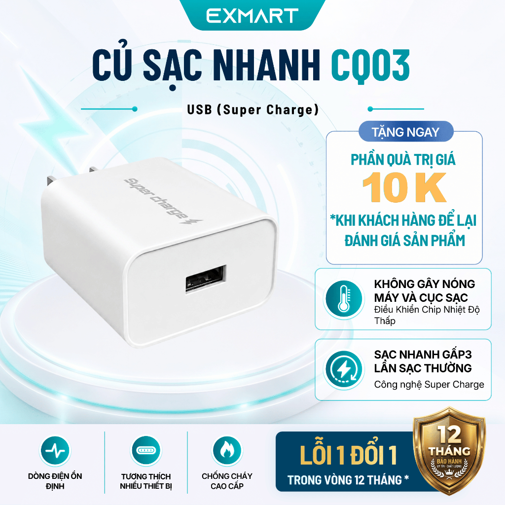 Củ Sạc Nhanh EXMART CQ03 Super Charge Đầu USB - Bảo Hành 12 tháng - Sạc Nhanh, Ổn Định