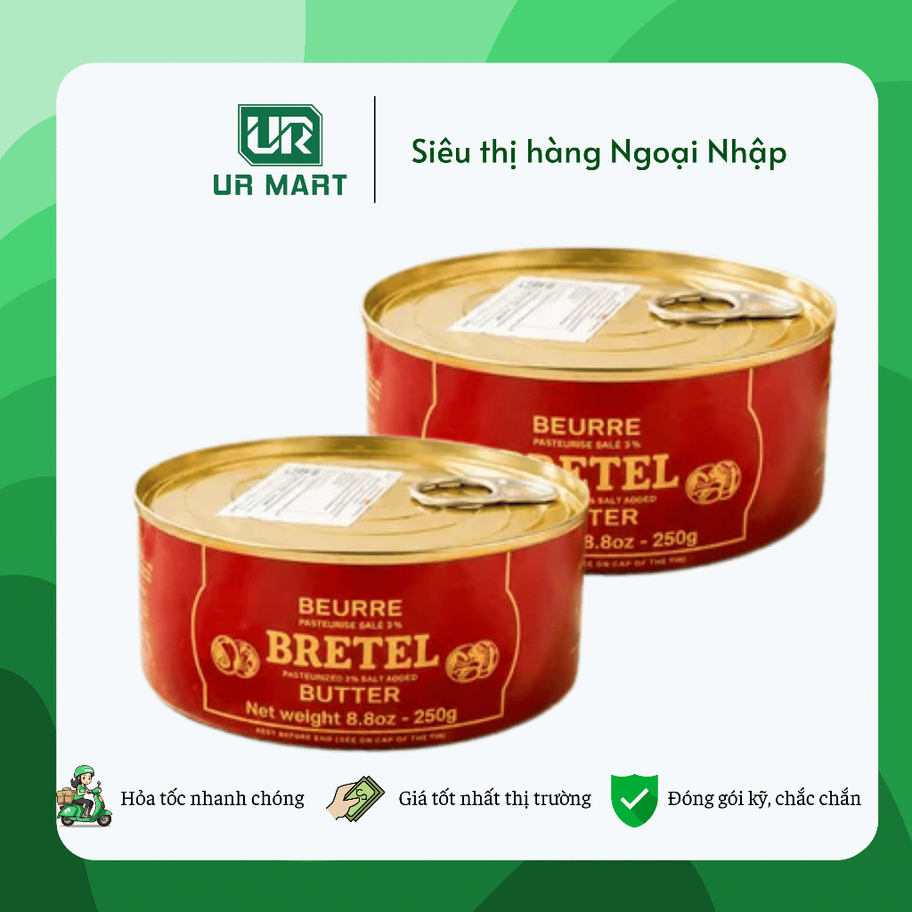 Bơ Mặn Bretel Butter 250g Pháp - 3% Muối, Thơm Béo Tự Nhiên, Đóng Hộp Thiếc, Dùng Làm Bánh & Nấu Ăn