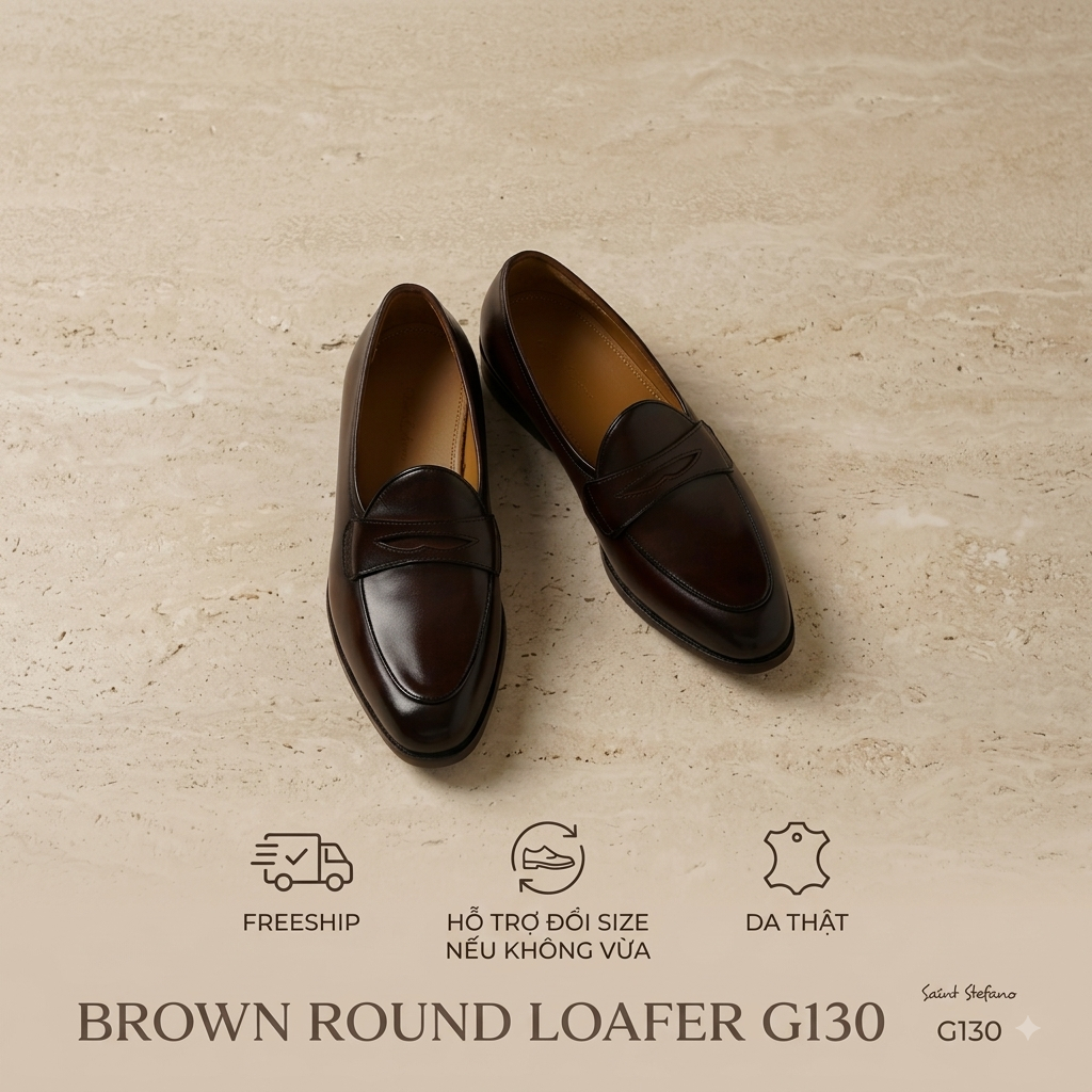 Giày Da Bò Nam Saint Stefano G130 & G131 – Penny Sicilia Loafer – Form Tròn – Nâu/Đen