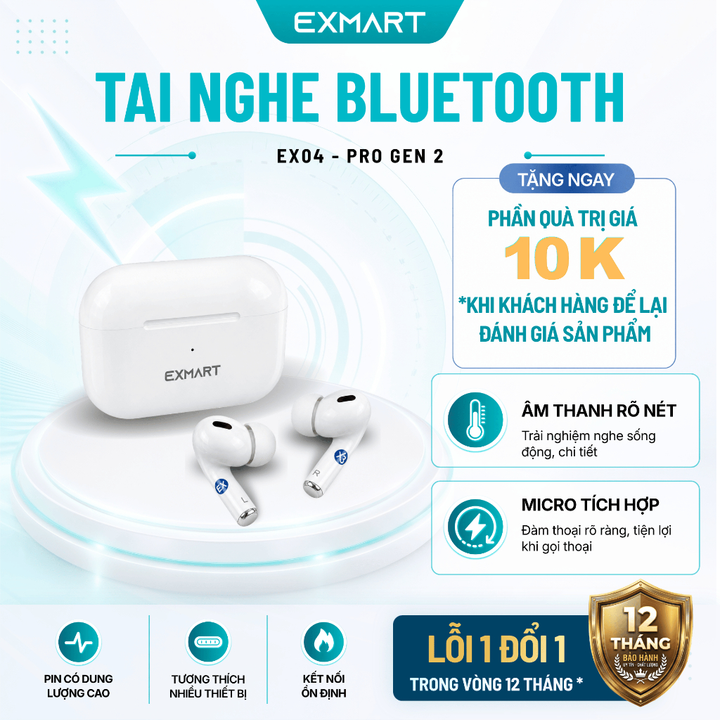 Tai Nghe Bluetooth EXMART EX04 PRO GEN 2 - Âm Thanh Sống Động, Bảo Hành Chính Hãng 12 Tháng
