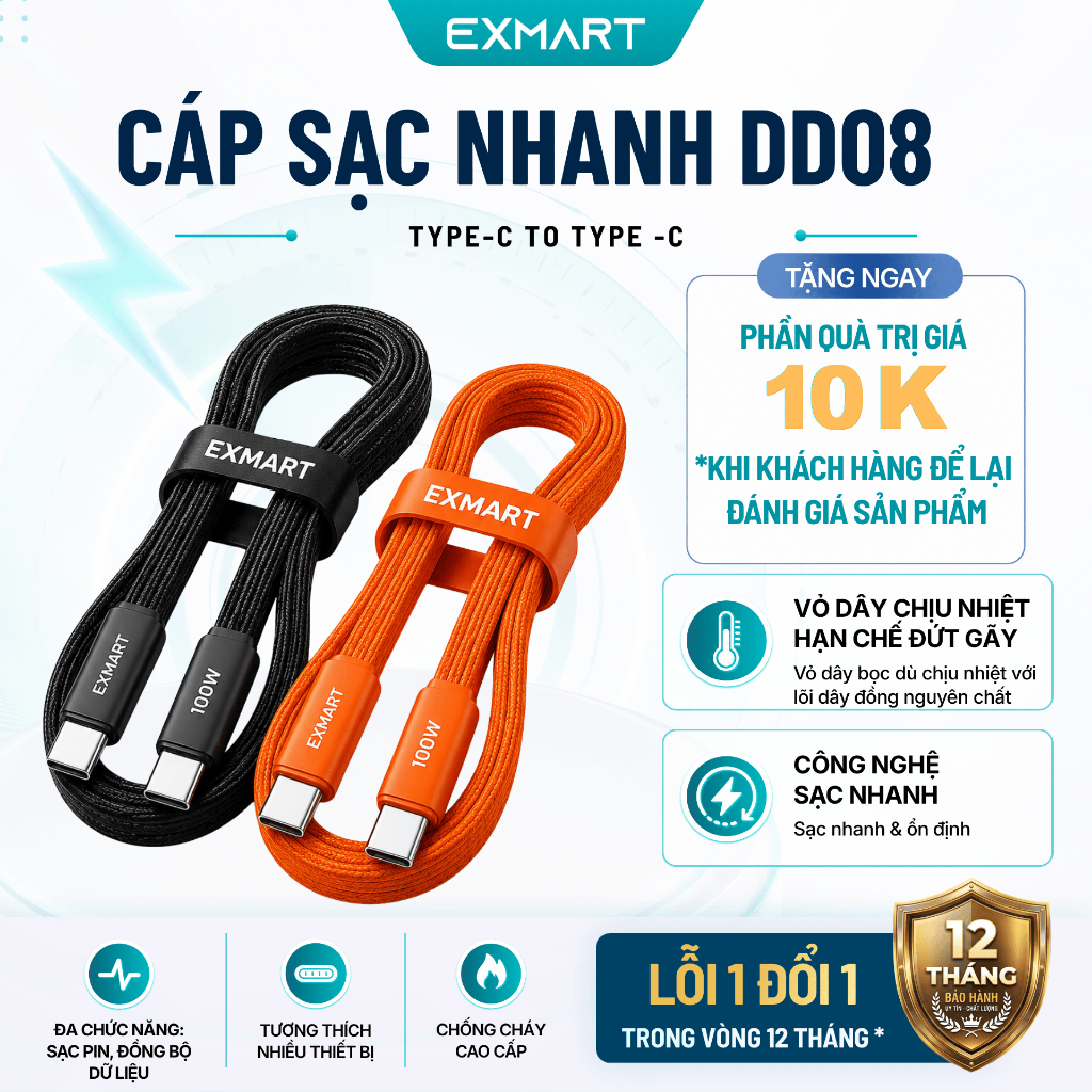 Cáp Sạc Nhanh EXMART DD08 Type C to Type C - Bọc Dù Chịu Nhiệt Cao Cấp, Bảo Hành 12 Tháng