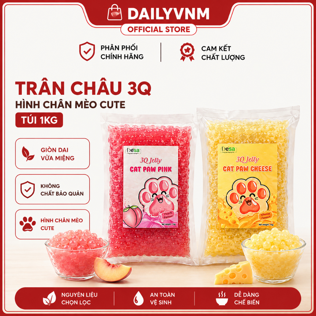 Trân Châu 3Q Chân Mèo DESA Vị Đào Hồng, Phô Mai Túi 1kg Topping Giòn Dẻo