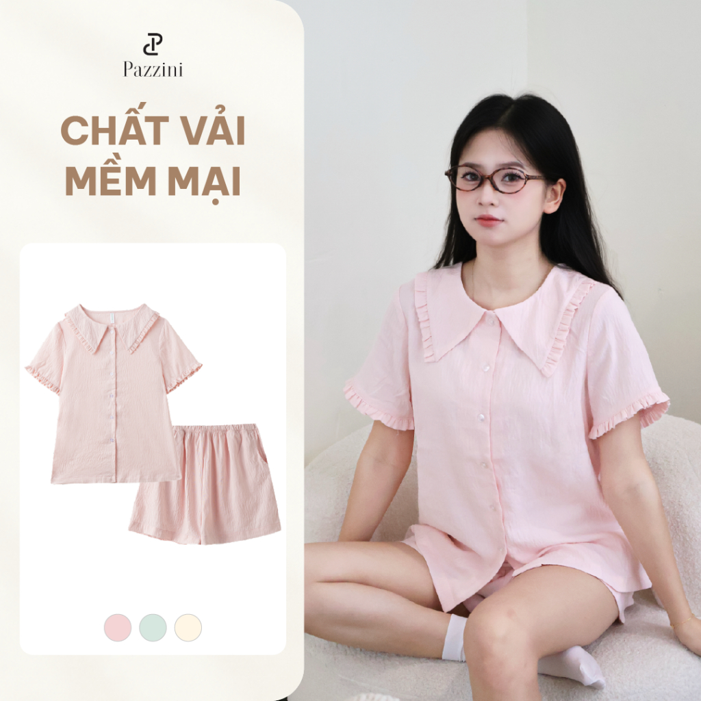 Bộ mặc nhà nữ ngắn tay pyjama Pazzini quần cộc chất liệu thoáng mát màu pastel cực trendy phù hợp mọ