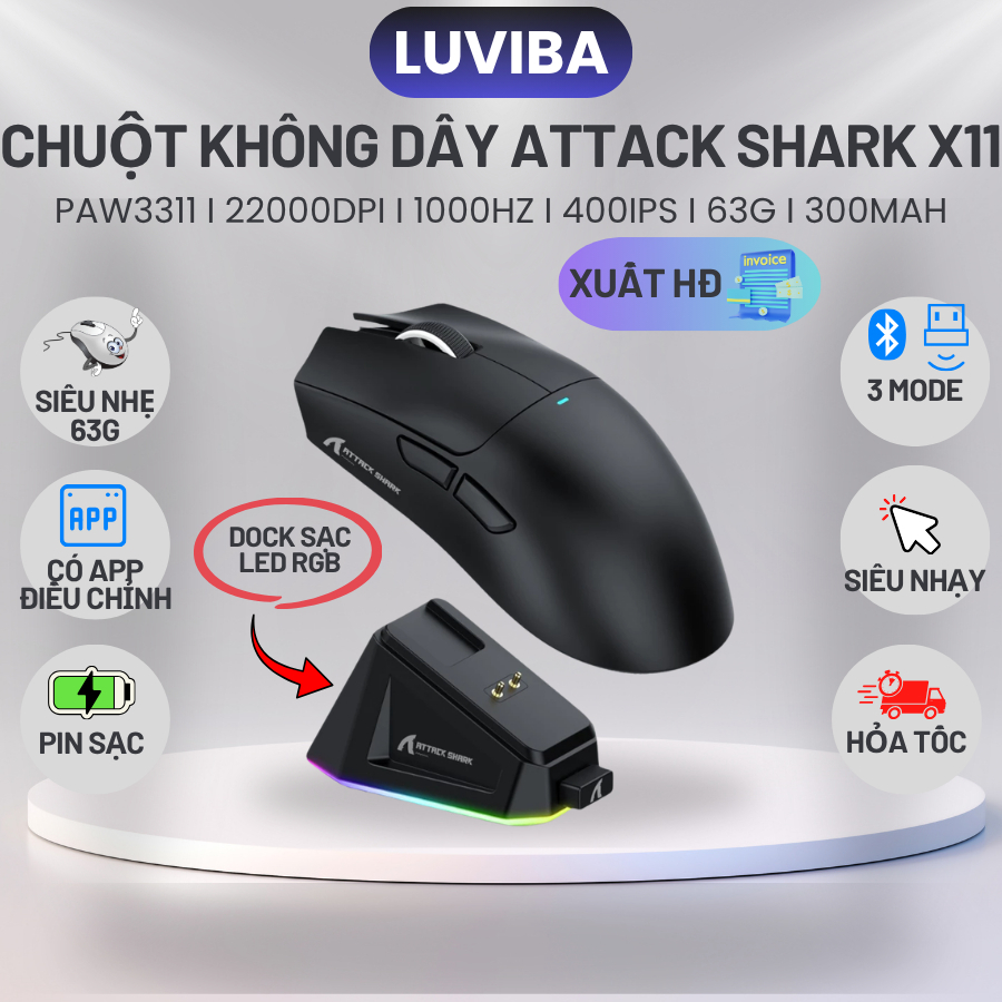 Chuột không dây bluetooth Gaming Attack Shark X11 Chip PRO PAW3311 có dock sạc LED, 22000 DPI