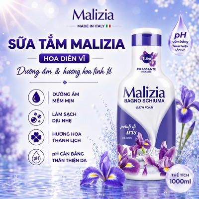 Sữa Tắm Hương Nước Hoa MALIZIA Hoa Diên Vỹ 1000ML – Sữa Tắm Thơm Lâu, Dưỡng Ẩm, Mềm Mịn Da ITALIA