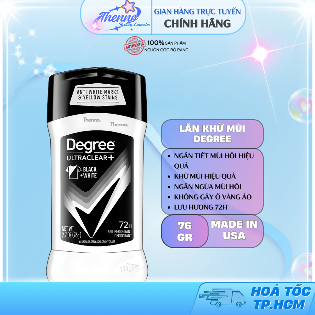 Lăn Sáp Khử Mùi Nam Degree Men 72h UltraClear+ Black +White 76gr - Hàng Mỹ