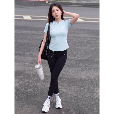 Bộ đồ tập gym, yoga, pilates nữ Fitme áo thun Soft khóa kéo xanh pastel, quần legging Zeta đen cạp cao tôn dáng