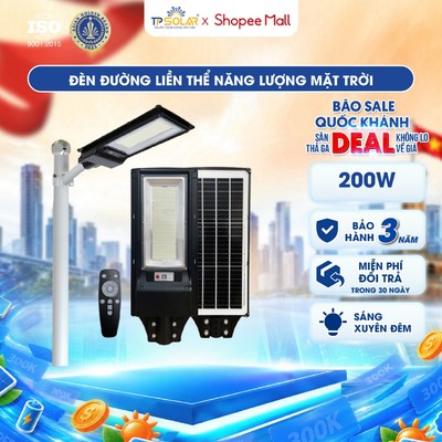 Đèn Đường Liền Thể Năng Lượng Mặt Trời TP SOLAR 200W, Chiếu Sáng 100m2 Xuyên Đêm, Cảm Biến Chuyển Động TP.LT01.200