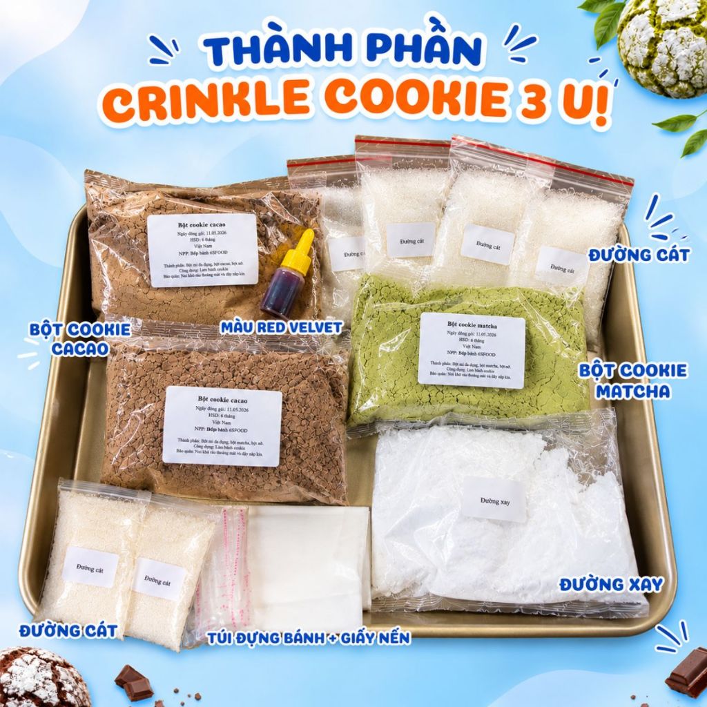 Set nguyên liệu bánh quy cookie Crinkle, cookie tặng 8/3 3 Vị Red Velvet, Cacao, Matcha