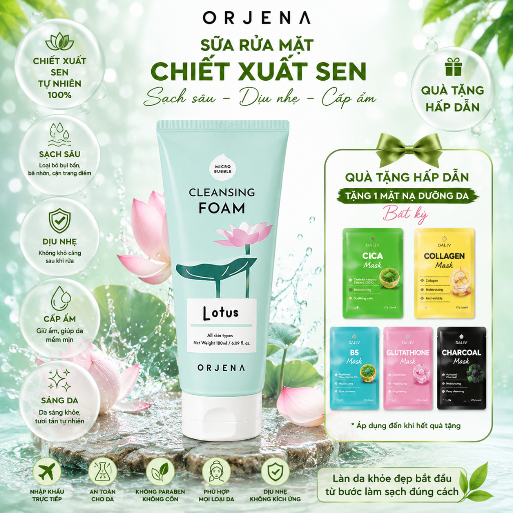 Sữa Rửa Mặt ORJENA Hàn Quốc 180ml – Chiết Xuất Sen – Dịu Nhẹ, Dưỡng Ẩm Tự Nhiên