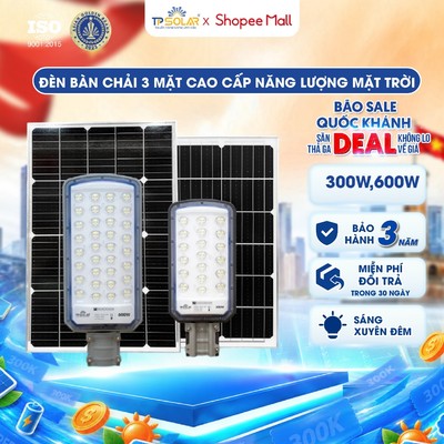 Đèn Đường Năng Lượng Mặt Trời Bàn Chải TP SOLAR 300W, 600W Vát 3 Mặt Chiếu Sáng 250-300m2 Chip Led 5054, Vỏ Hợp Kim Nhôm
