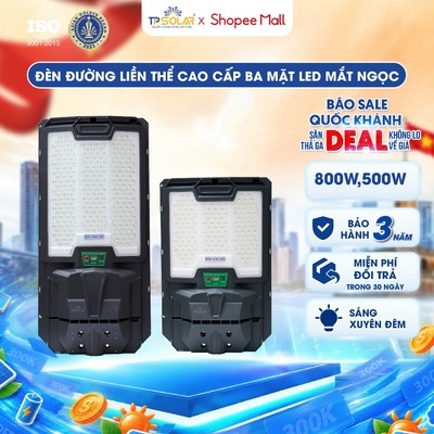 Đèn Đường Năng Lượng Mặt Trời Liền Thể TP SOLAR Công Suất 500W, 800W Chiếu Sáng 150-350m2, Cảm Biến Chuyển Động