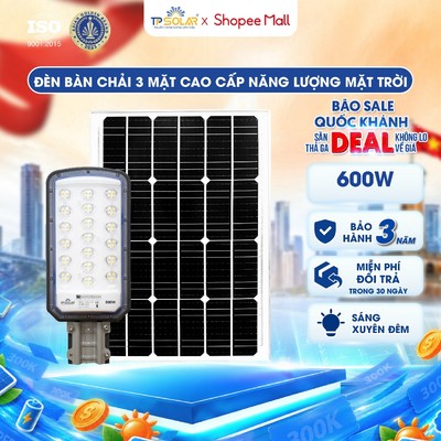 [LIVE KOL] Đèn Đường Năng Lượng Mặt Trời Bàn Chải TP SOLAR 600W Vát 3 Mặt Chiếu Sáng 300m2, Led 5054, Vỏ Hợp Kim Nhôm
