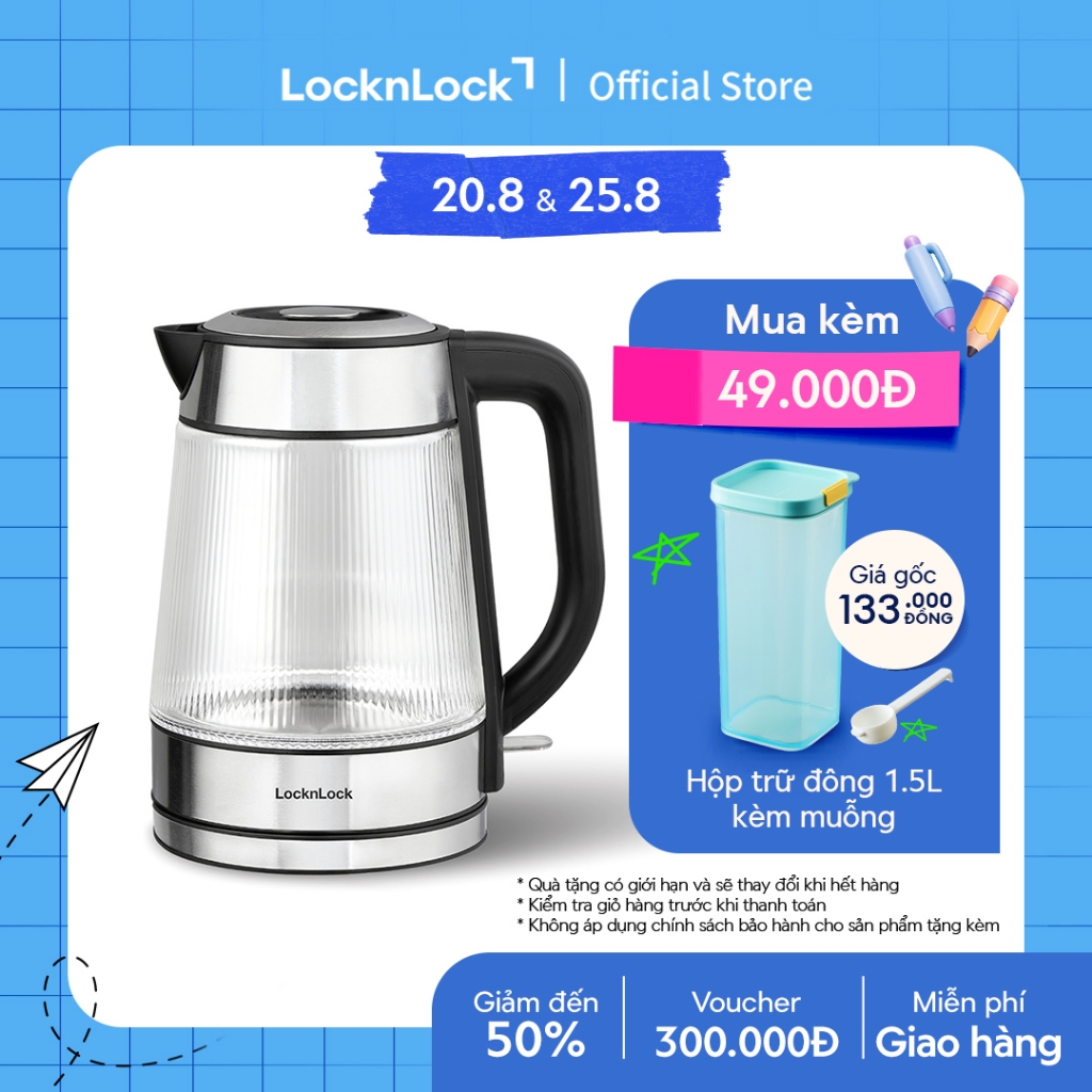 Ấm đun siêu tốc bằng thủy tinh LocknLock Glass Electric Kettle 1.8L có đèn led và lưới lọc EJK256BLK