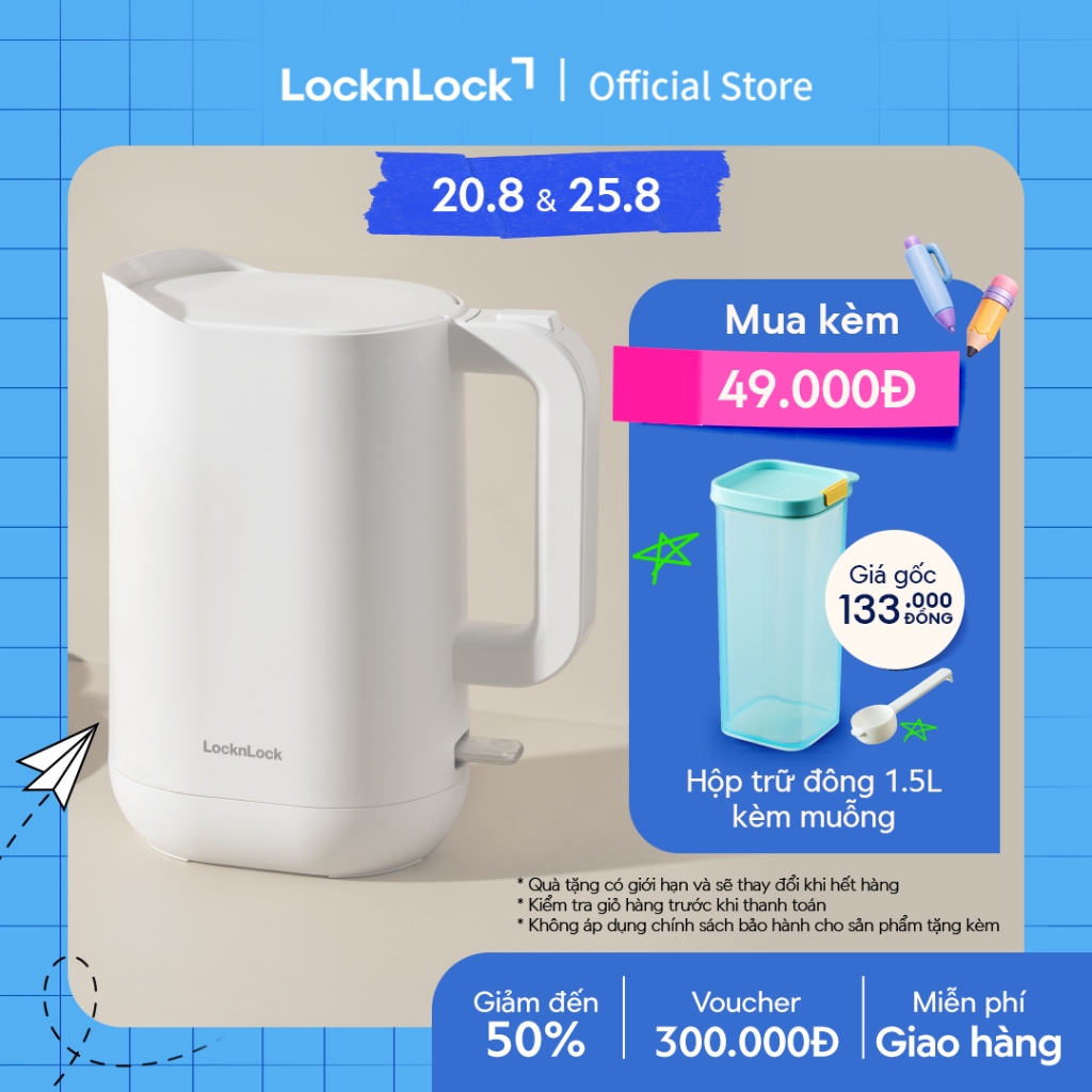 Ấm đun siêu tốc giảm âm LocknLock Silent electric kettle 1.2L- Màu trắng EJK216WHT