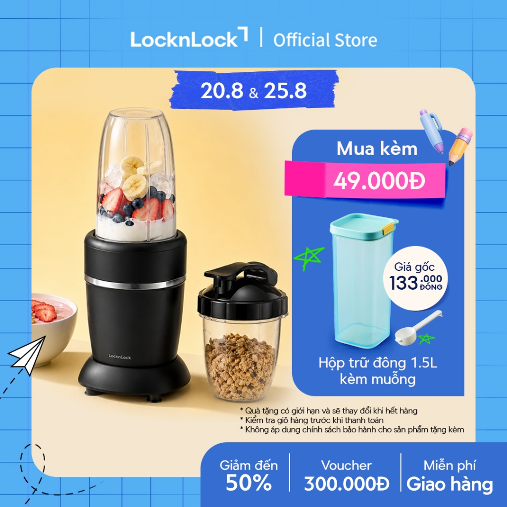 Máy xáy sinh tố LocknLock blender 2 bình đựng 950ml và 500ml xay đá chống trượt EJM452BLK